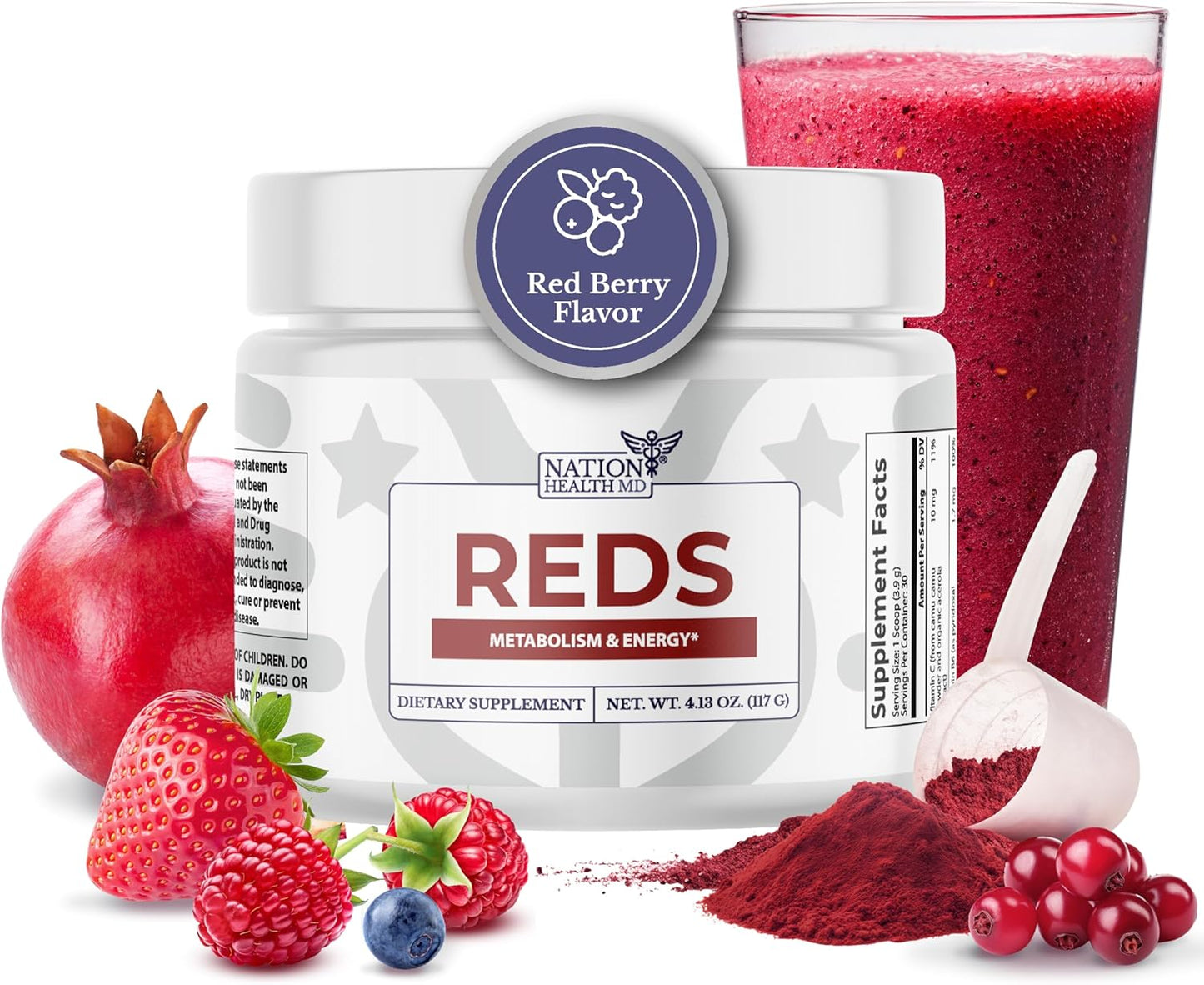 Antioxidant-Rich Super Reds Powder with 39 Superfoods, Probiotics, and Digestive Enzymes - Red Berry Flavor for Energy, Metabolism, and Gut Health
