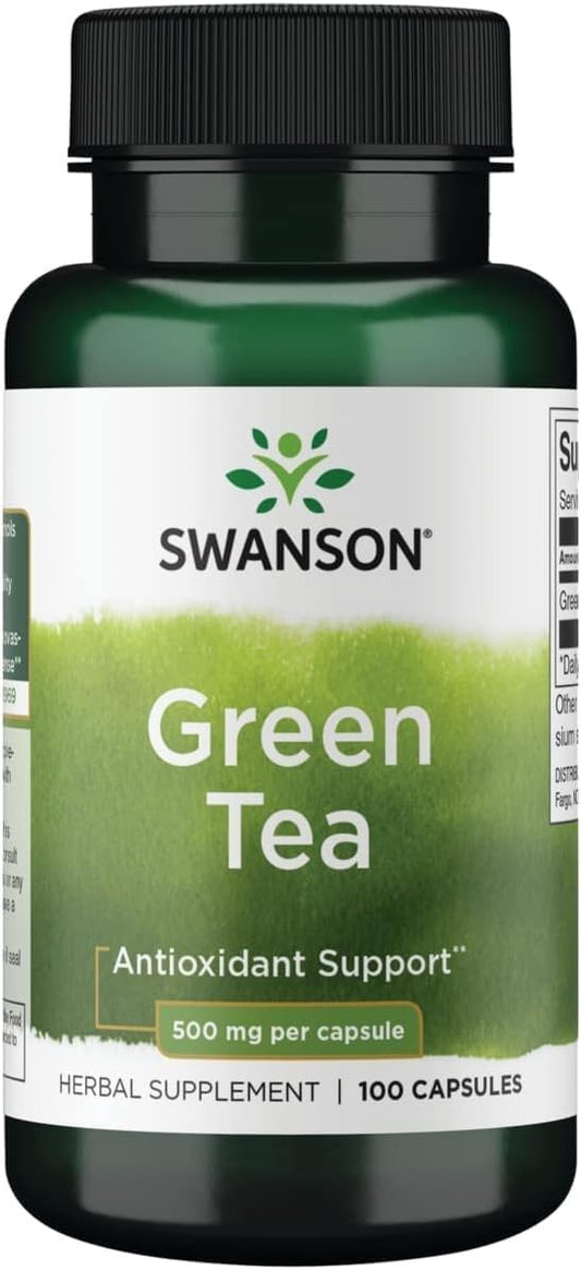 Antioxidant-Rich Swanson Green Tea Extract Supplement with 500MG Green Tea Leaf Powder - 100 Capsules for Immune Support