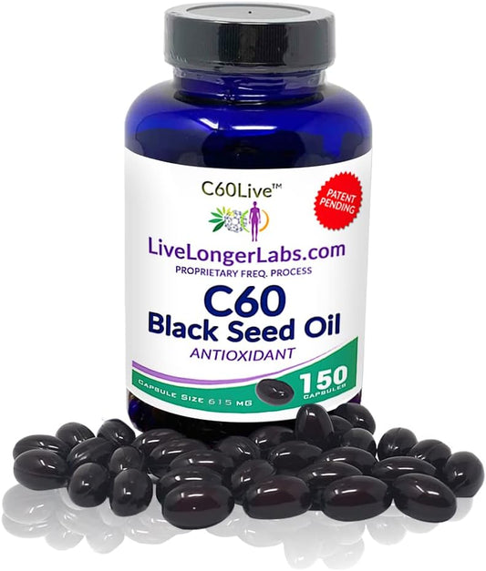 Antioxidant Supplement: C60live Carbon 60 & Black Seed Oil Capsules for Blood Pressure, Cholesterol, Liver Support - All Natural - 150 Gel Caps
