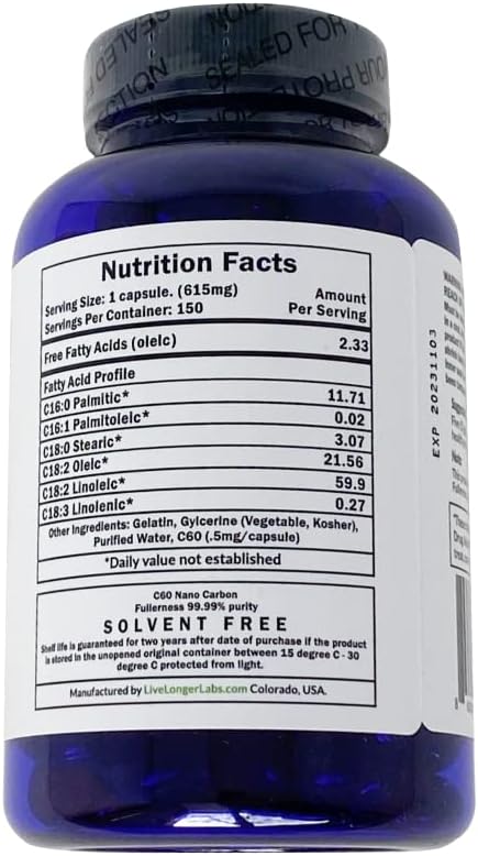 Antioxidant Supplement: C60live Carbon 60 & Black Seed Oil Capsules for Blood Pressure, Cholesterol, Liver Support - All Natural - 150 Gel Caps