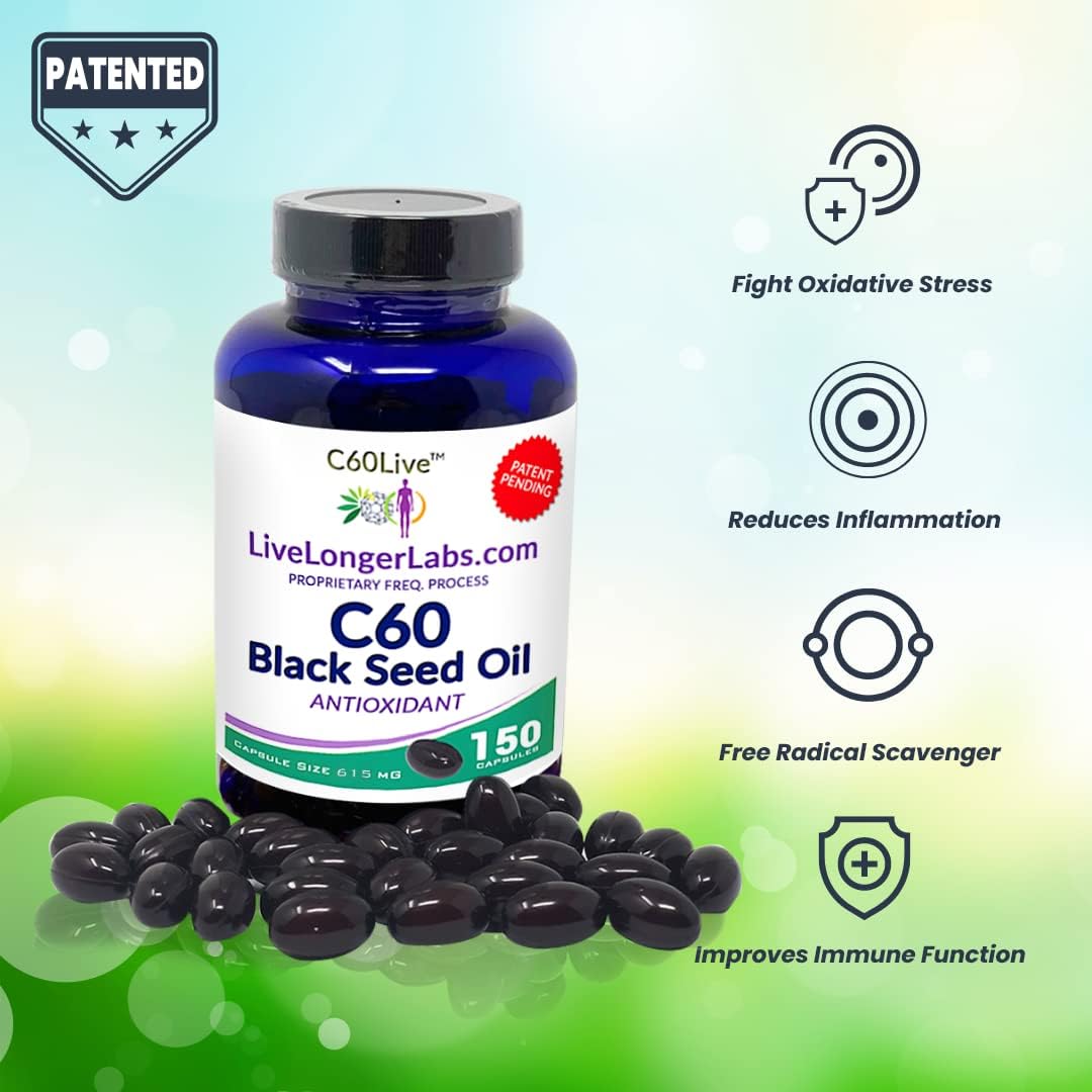 Antioxidant Supplement: C60live Carbon 60 & Black Seed Oil Capsules for Blood Pressure, Cholesterol, Liver Support - All Natural - 150 Gel Caps