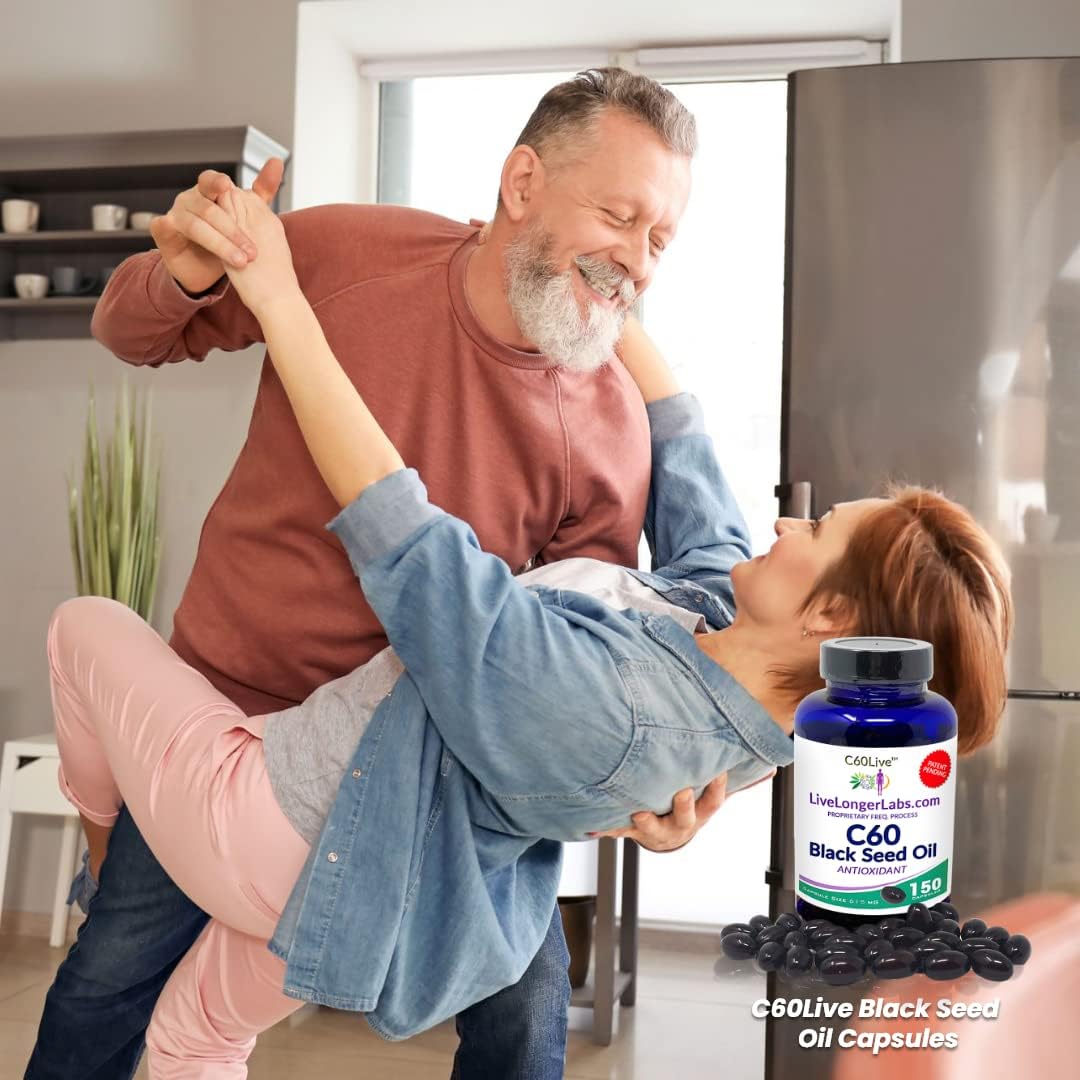Antioxidant Supplement: C60live Carbon 60 & Black Seed Oil Capsules for Blood Pressure, Cholesterol, Liver Support - All Natural - 150 Gel Caps