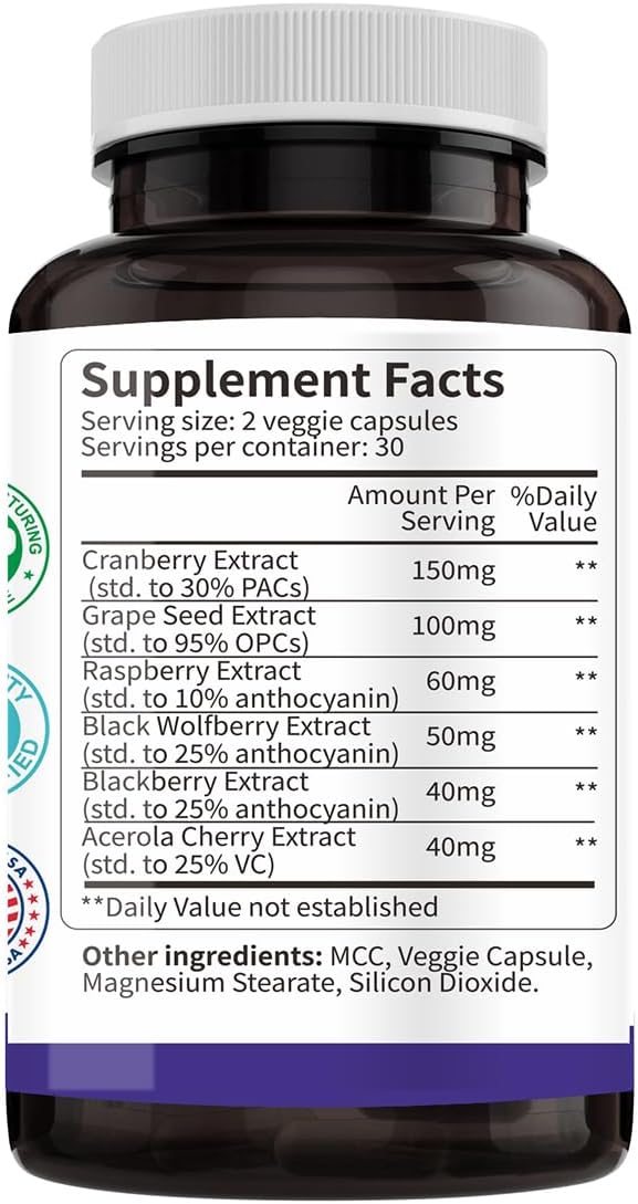 Antioxidant Supplement for Women - Supports Urinary Tract Health, Immune System, and Skin Brightening - Cranberry, Grape Seed, Raspberry, Goji, BlackBerry, Acerola Cherry - 60 Capsules