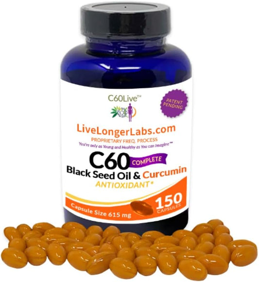 Antioxidant Supplement with Carbon 60, Black Seed Oil, and Curcumin - 150 Gel Capsules for Longevity & Cognitive Function - All Natural Formula