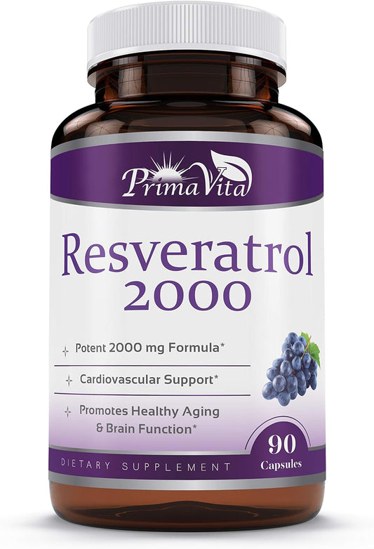 Antioxidant Support: PrimaVita Resveratrol & Grape Seed Extract Capsules - 2000mg with Quercetin - 90 Count