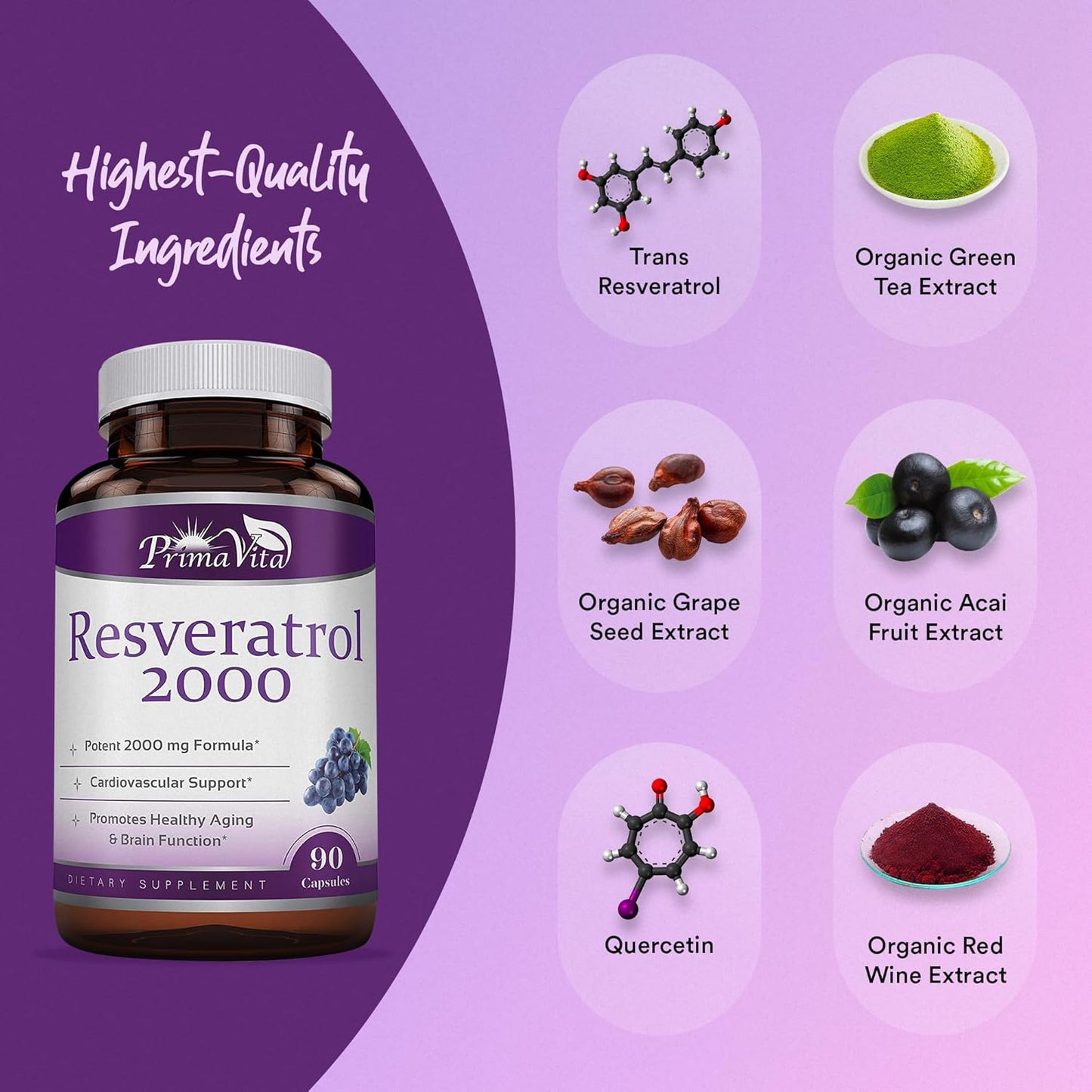 Antioxidant Support: PrimaVita Resveratrol & Grape Seed Extract Capsules - 2000mg with Quercetin - 90 Count