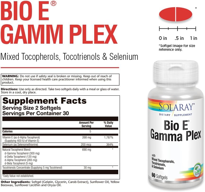 Antioxidant Support with Solaray Bio E Gamma Plex | Natural Tocopherol Blend Vitamin E | 60 Softgels