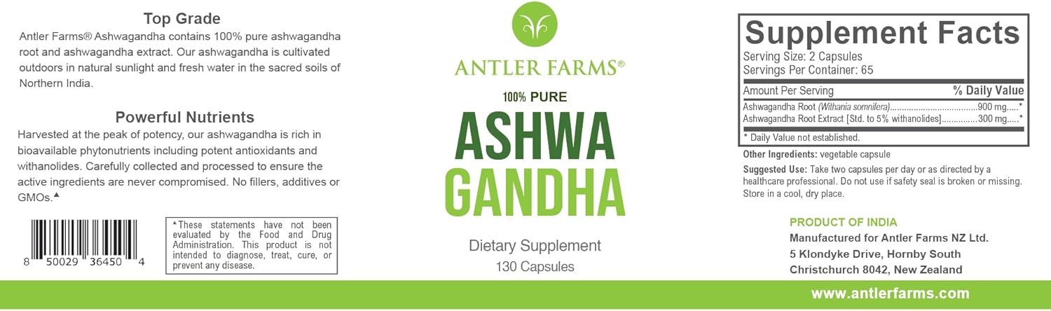 Antler Farms 100% Pure Ashwagandha Root Extract Capsules - 130 Capsules, 1200mg, Standardized to 5% Withanolides for Mental Performance, Energy, Immunity