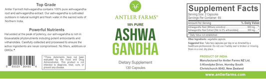 Antler Farms 100% Pure Ashwagandha Root Extract Capsules - 130 Capsules, 1200mg, Standardized to 5% Withanolides for Mental Performance, Energy, Immunity