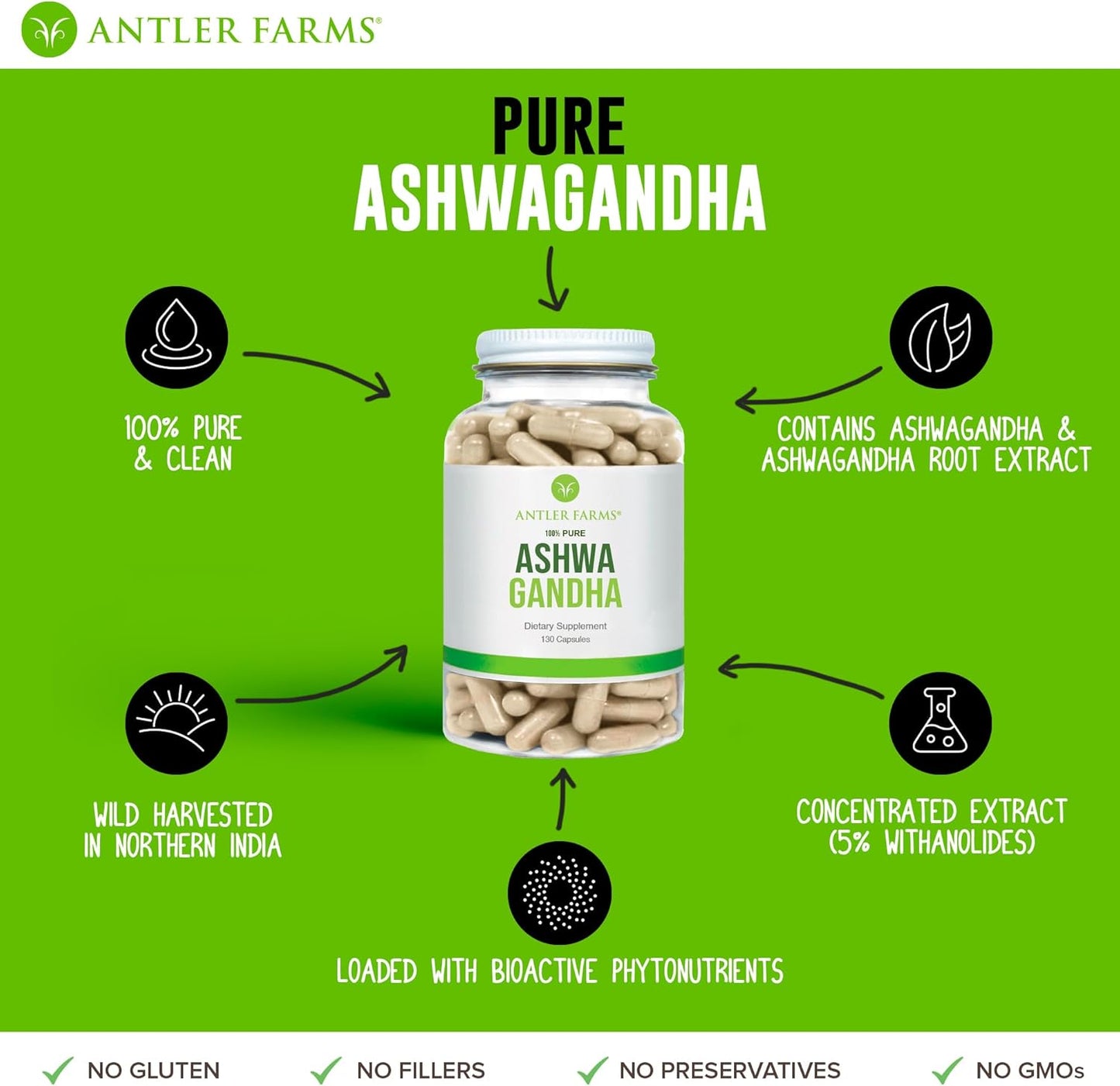 Antler Farms 100% Pure Ashwagandha Root Extract Capsules - 130 Capsules, 1200mg, Standardized to 5% Withanolides for Mental Performance, Energy, Immunity
