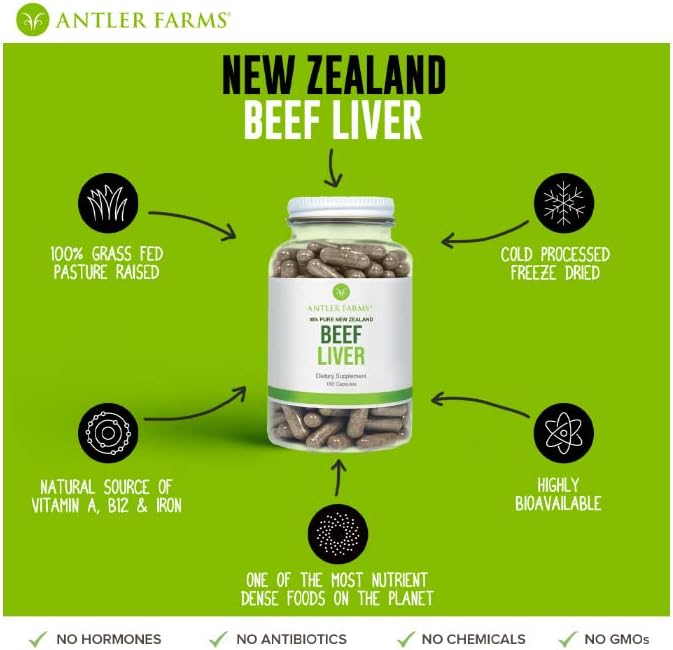 Antler Farms Grass Fed Beef Liver Capsules - 100% Pure New Zealand, 180 Capsules, 500mg - Cold Processed, rBGH Free, No Additives