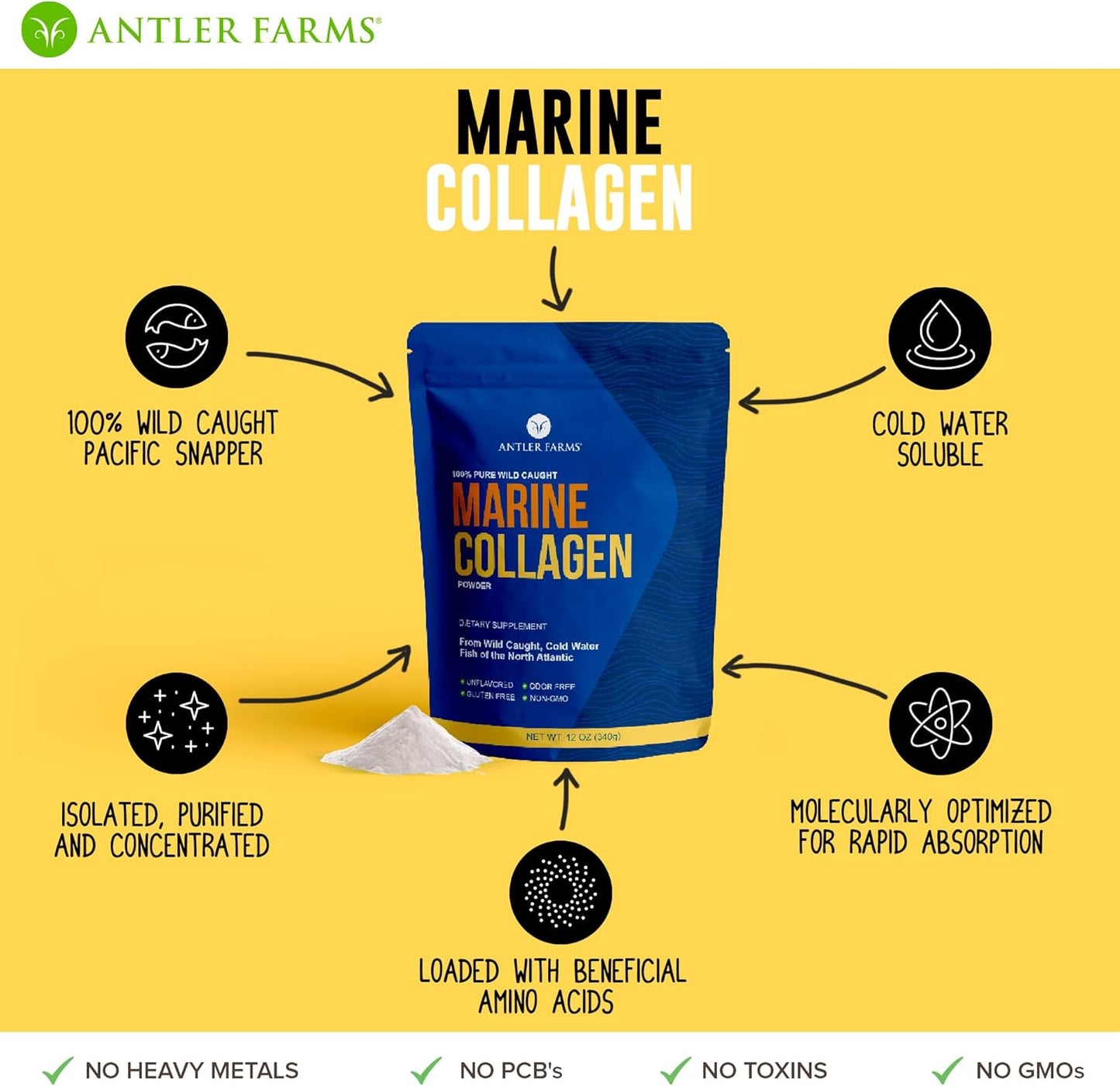 Antler Farms Marine Collagen Powder - 100% Pure, Wild Caught Pacific Snapper, 12 oz - Soluble in Hot or Cold Liquids, Highly Bioavailable, Rapid Absorption - Tasteless & Odorless