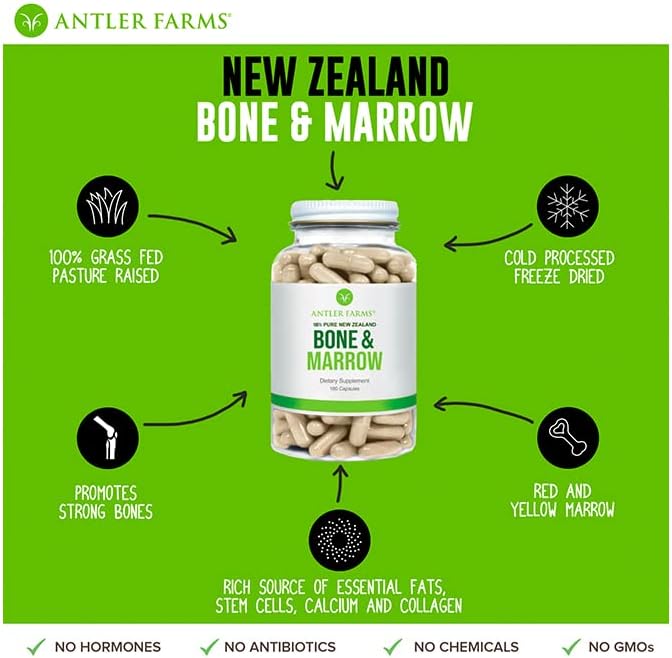 Antler Farms New Zealand Bone & Marrow Capsules - Grass Fed, Cold Processed, High in Essential Fats, Stem Cells, Collagen, Calcium - 180 Capsules, 750mg