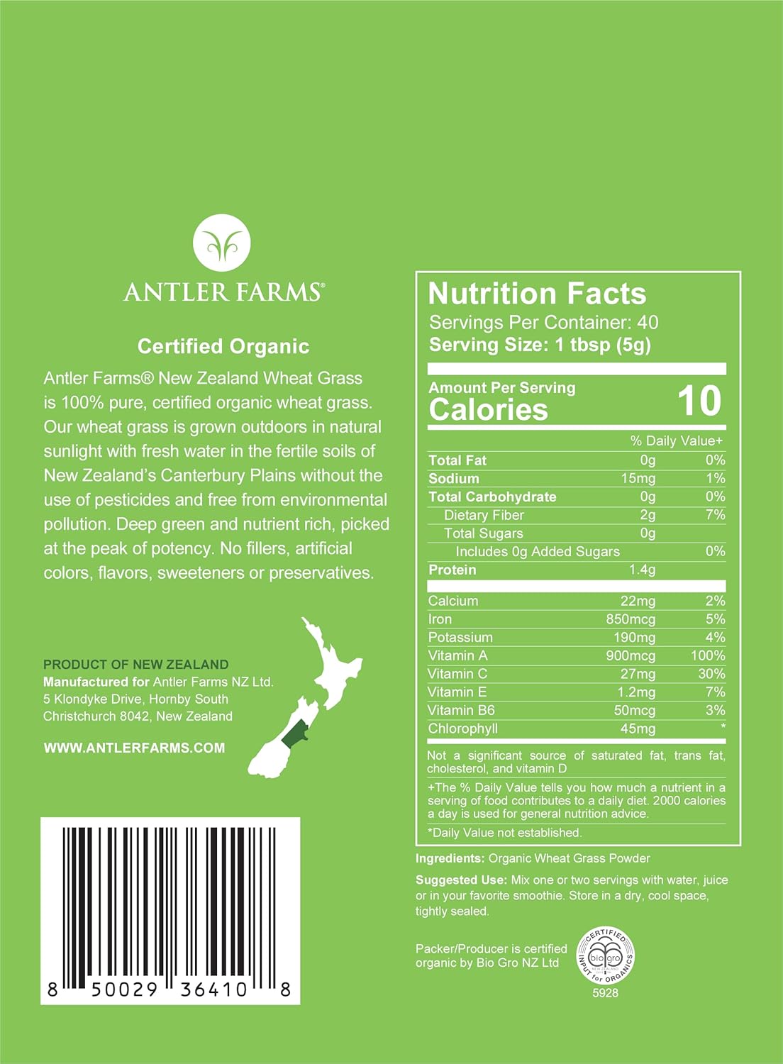 Antler Farms Organic New Zealand Wheatgrass Powder - 200g, 40 Servings - Raw, Vegan, Gluten Free, High Chlorophyll - Detox, Essential Amino Acids, Minerals - Nutrient Rich Wheat Grass
