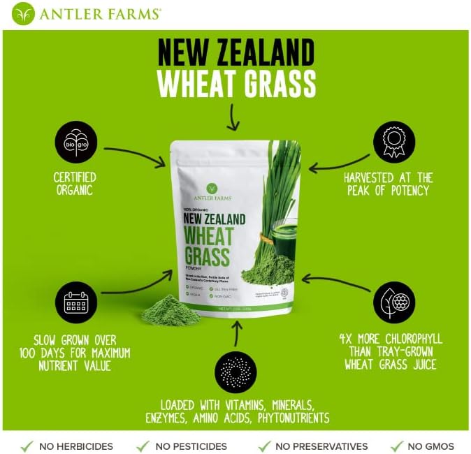 Antler Farms Organic New Zealand Wheatgrass Powder - 200g, 40 Servings - Raw, Vegan, Gluten Free, High Chlorophyll - Detox, Essential Amino Acids, Minerals - Nutrient Rich Wheat Grass