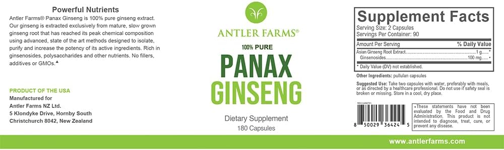 Antler Farms Red Panax Ginseng Extract Capsules - 100% Pure, 500mg, 180 Count - High Ginsenosides from Changbai Mountains