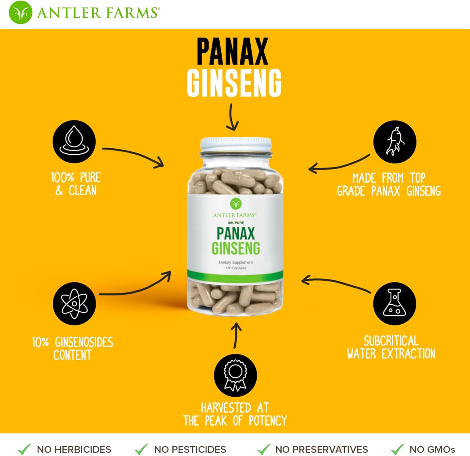 Antler Farms Red Panax Ginseng Extract Capsules - 100% Pure, 500mg, 180 Count - High Ginsenosides from Changbai Mountains