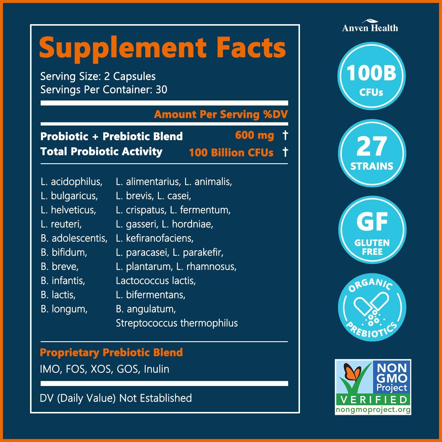 Anven Health 100 Billion Probiotics with 27 Strains and 5 Organic Prebiotics for Gut and Immune Support - 120 Vegan Capsules for Men and Women