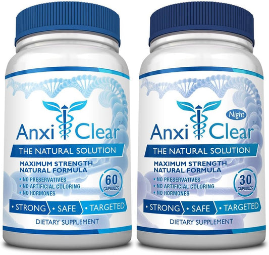 AnxiClear Supplement for Mood Boosting, Mind Calming, and Serotonin Elevation - Includes 5-HTP and L-theanine - Day and Night Formula