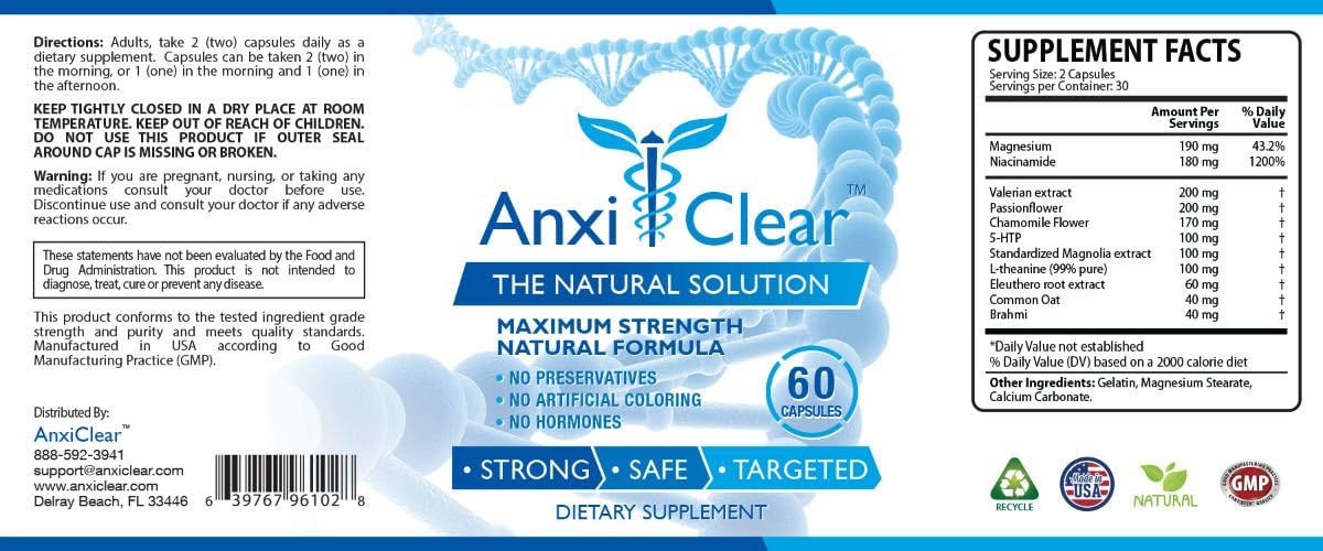 AnxiClear Supplement for Mood Boosting, Mind Calming, and Serotonin Elevation - Includes 5-HTP and L-theanine - Day and Night Formula