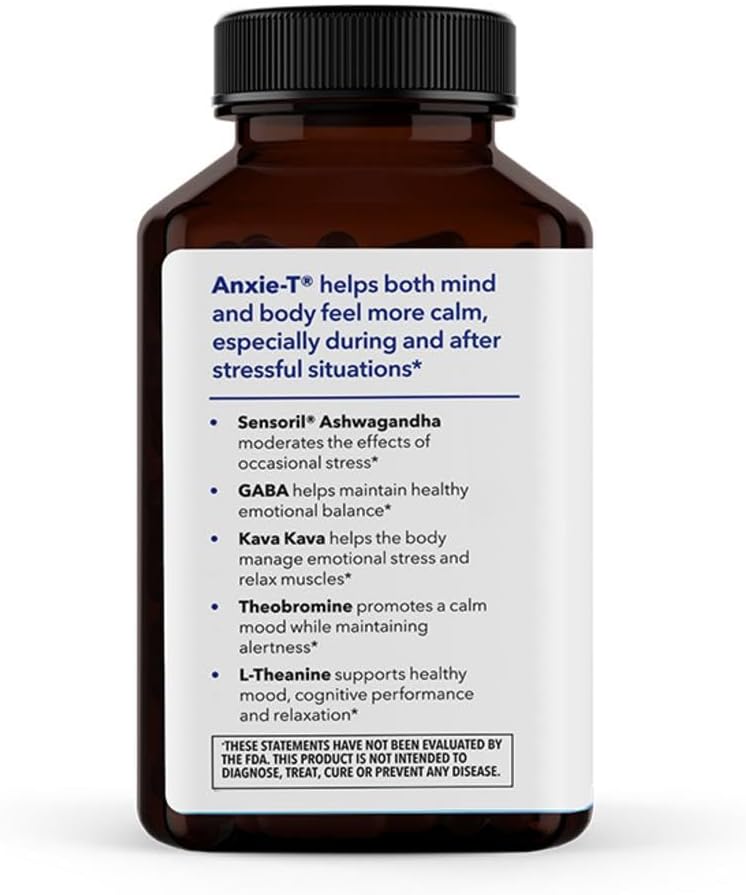 Anxie-T Stress Relief Supplement - Promotes Mental Focus & Calmness - Natural Anxiety Support - Ashwagandha, Kava Kava, GABA & L-Theanine - 120 Capsules