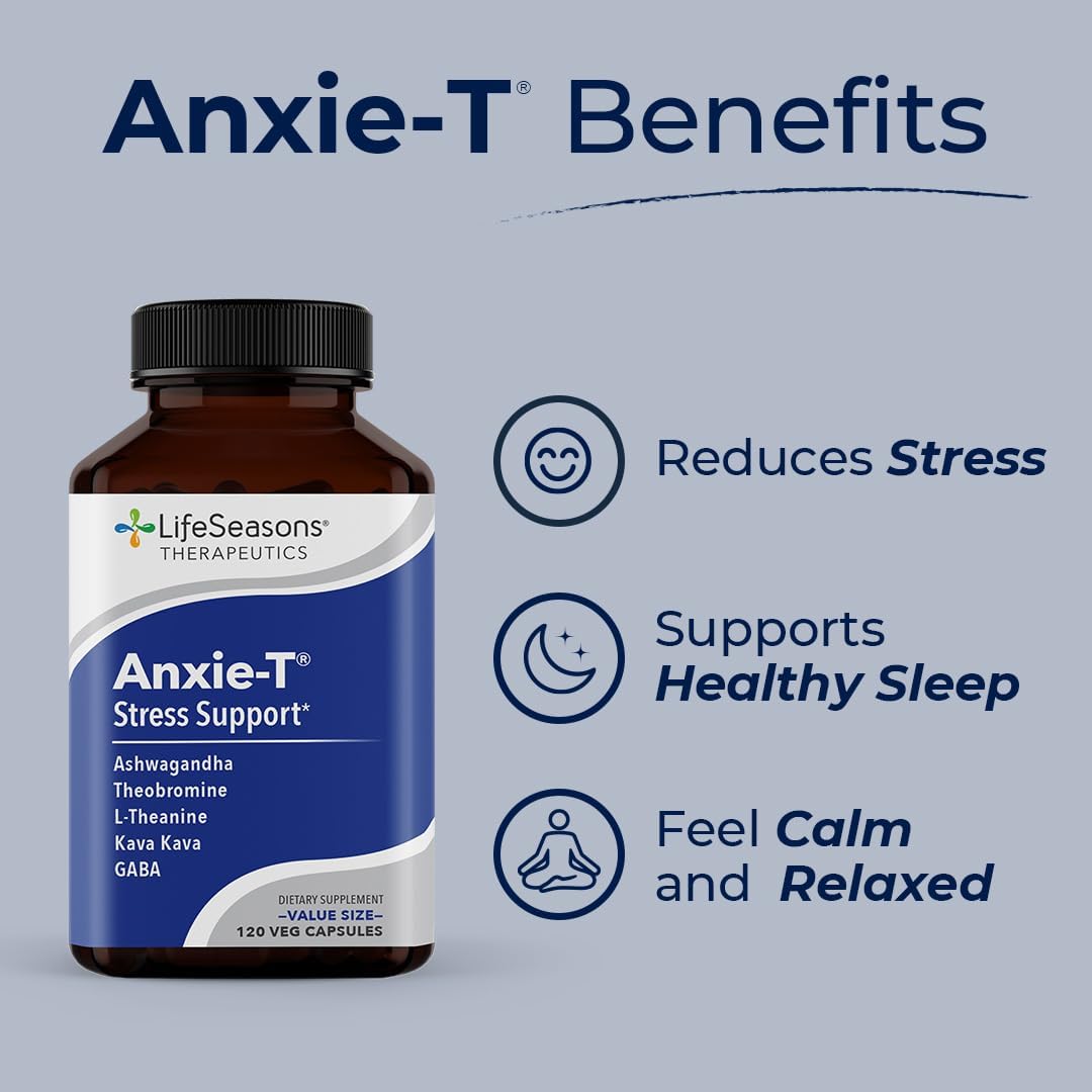 Anxie-T Stress Relief Supplement - Promotes Mental Focus & Calmness - Natural Anxiety Support - Ashwagandha, Kava Kava, GABA & L-Theanine - 120 Capsules