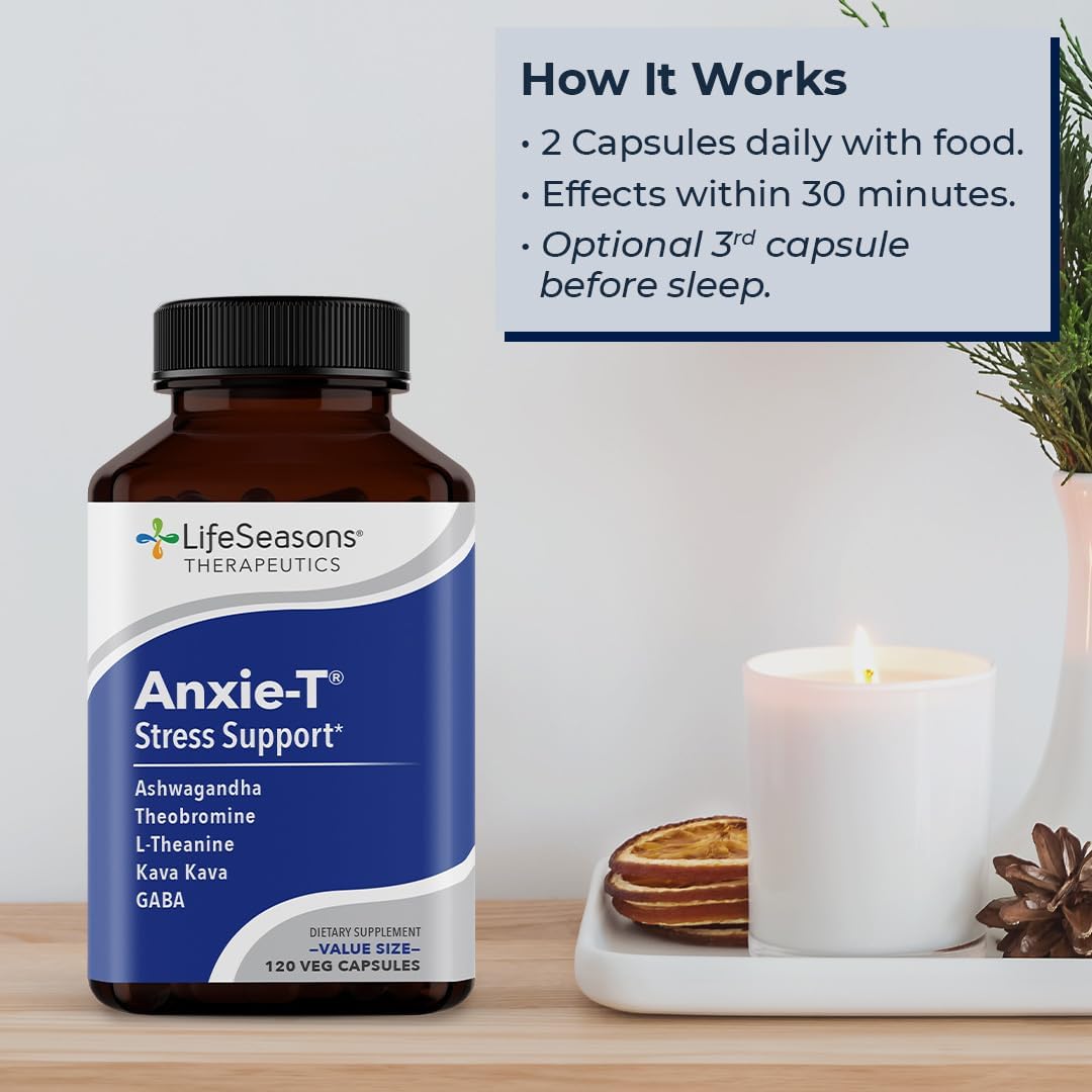 Anxie-T Stress Relief Supplement - Promotes Mental Focus & Calmness - Natural Anxiety Support - Ashwagandha, Kava Kava, GABA & L-Theanine - 120 Capsules