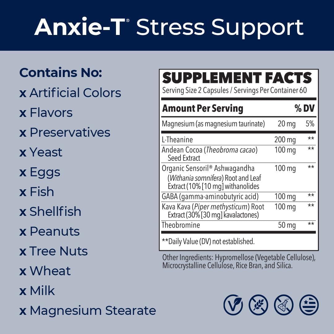Anxie-T Stress Relief Supplement - Promotes Mental Focus & Calmness - Natural Anxiety Support - Ashwagandha, Kava Kava, GABA & L-Theanine - 120 Capsules