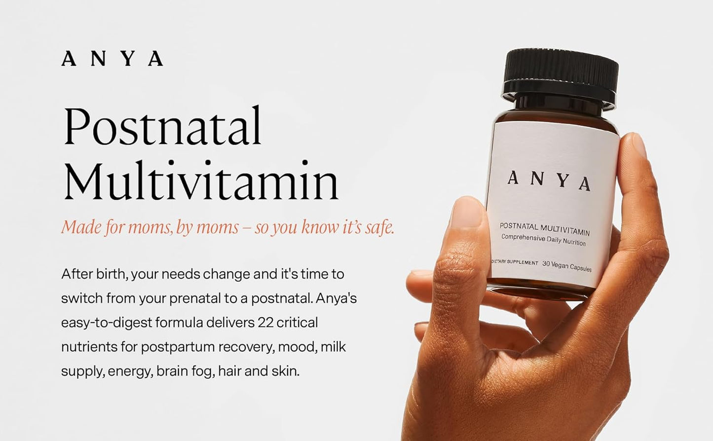 ANYA Postpartum Multivitamin: Breastfeeding Support, 30 Capsules - A, C, D3, Zinc, B12, Biotin, Folate, Iron - Vegan, Non-GMO