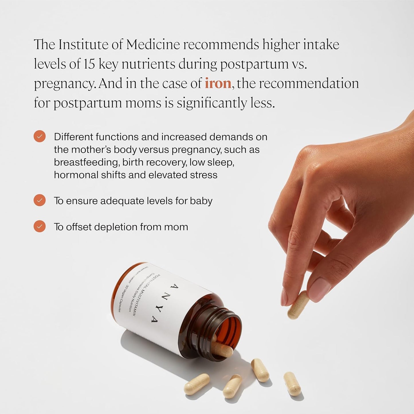 ANYA Postpartum Multivitamin: Breastfeeding Support, 30 Capsules - A, C, D3, Zinc, B12, Biotin, Folate, Iron - Vegan, Non-GMO