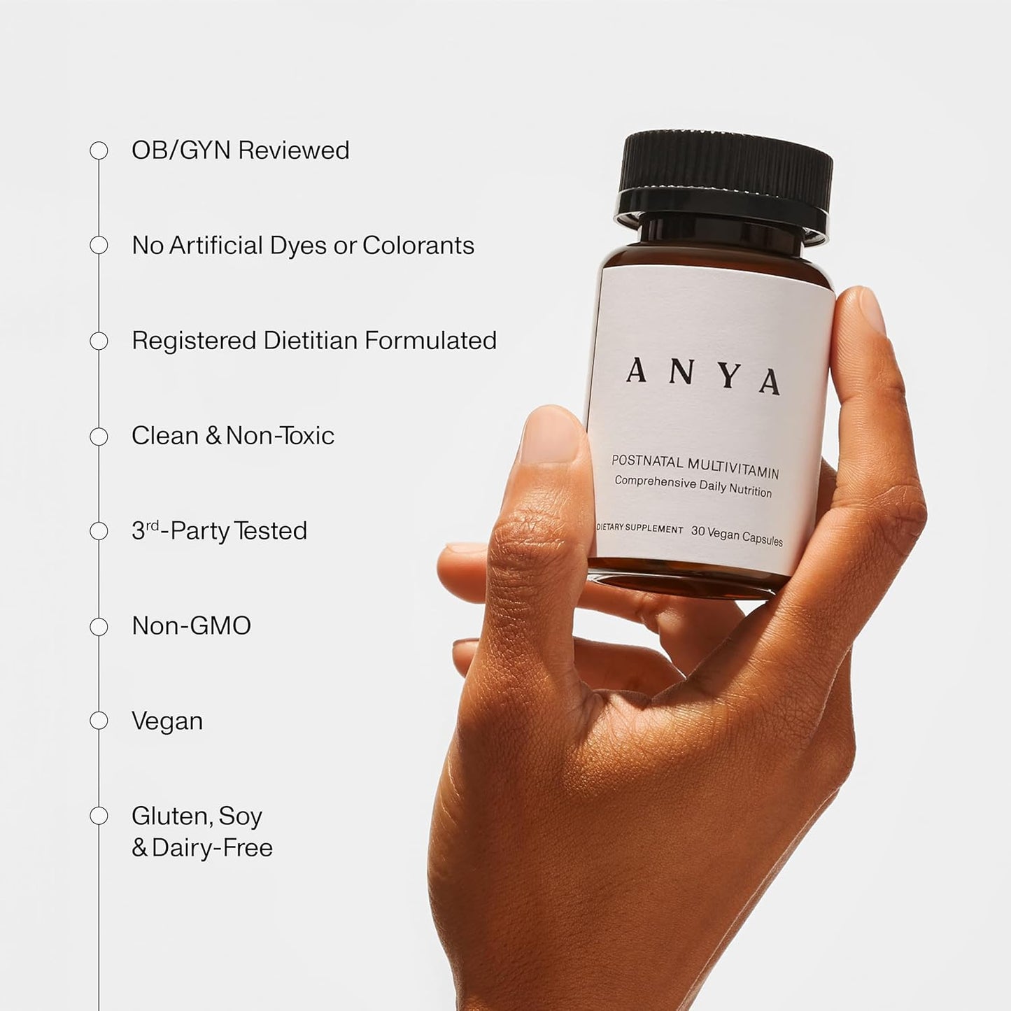 ANYA Postpartum Multivitamin: Breastfeeding Support, 30 Capsules - A, C, D3, Zinc, B12, Biotin, Folate, Iron - Vegan, Non-GMO