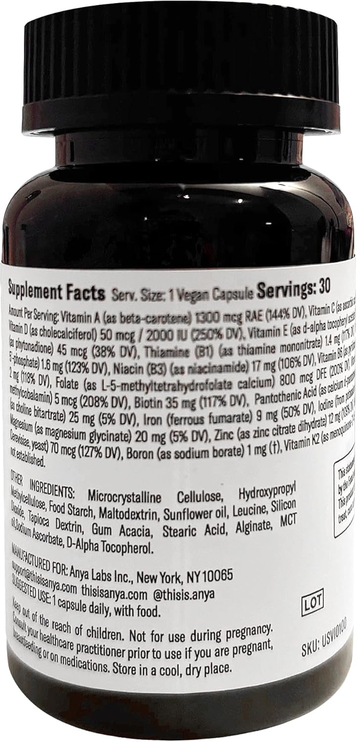ANYA Postpartum Multivitamin: Breastfeeding Support, 30 Capsules - A, C, D3, Zinc, B12, Biotin, Folate, Iron - Vegan, Non-GMO