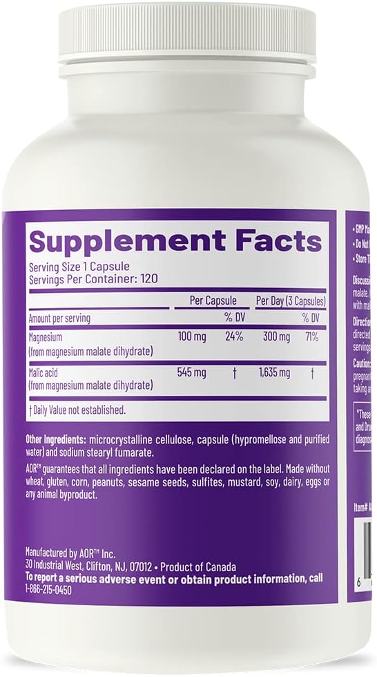 AOR Mag Malate Renew: Magnesium Supplement for Heart Health, Muscle Function, and Energy - 120 Capsules