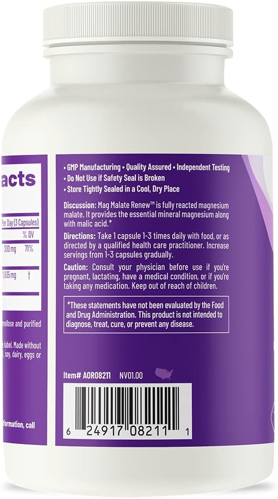 AOR Mag Malate Renew: Magnesium Supplement for Heart Health, Muscle Function, and Energy - 120 Capsules