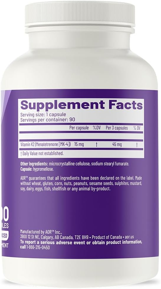 AOR Peak K2 Dietary Supplement for Bone and Heart Health - 90 Capsules