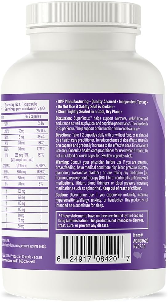 AOR SuperFocus Dietary Supplement - Supports Concentration, Energy, Mental Alertness, Calm & Relaxation - 60 Servings