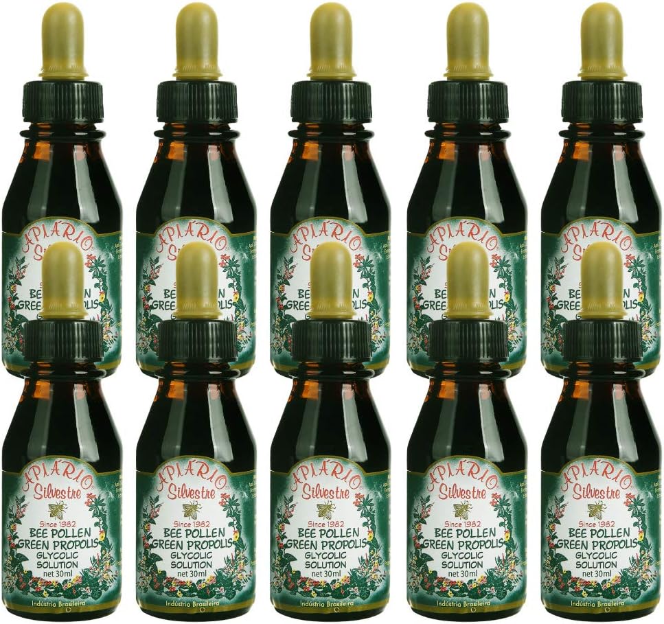 Apiario Silvestre Bee Pollen & Brazil Green Bee Propolis Liquid - 10 Bottles - Glycolic Extract - Non Alcoholic & Wax Free