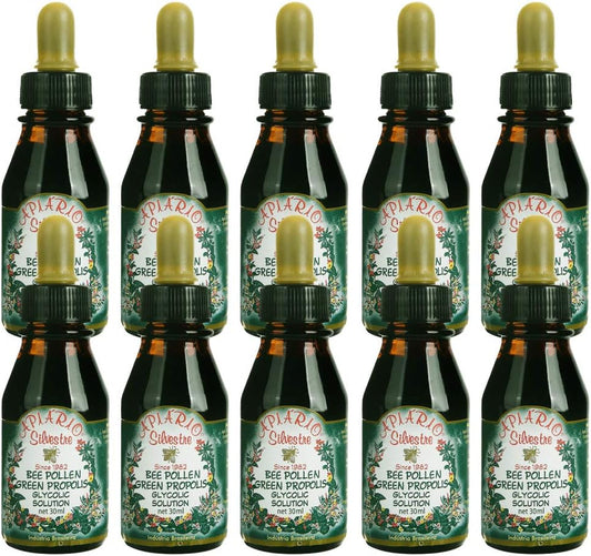 Apiario Silvestre Bee Pollen & Brazil Green Bee Propolis Liquid - 10 Bottles - Glycolic Extract - Non Alcoholic & Wax Free
