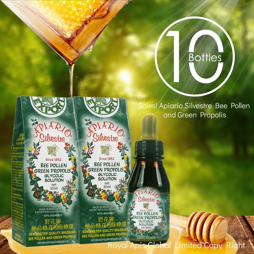 Apiario Silvestre Bee Pollen & Brazil Green Bee Propolis Liquid - 10 Bottles - Glycolic Extract - Non Alcoholic & Wax Free