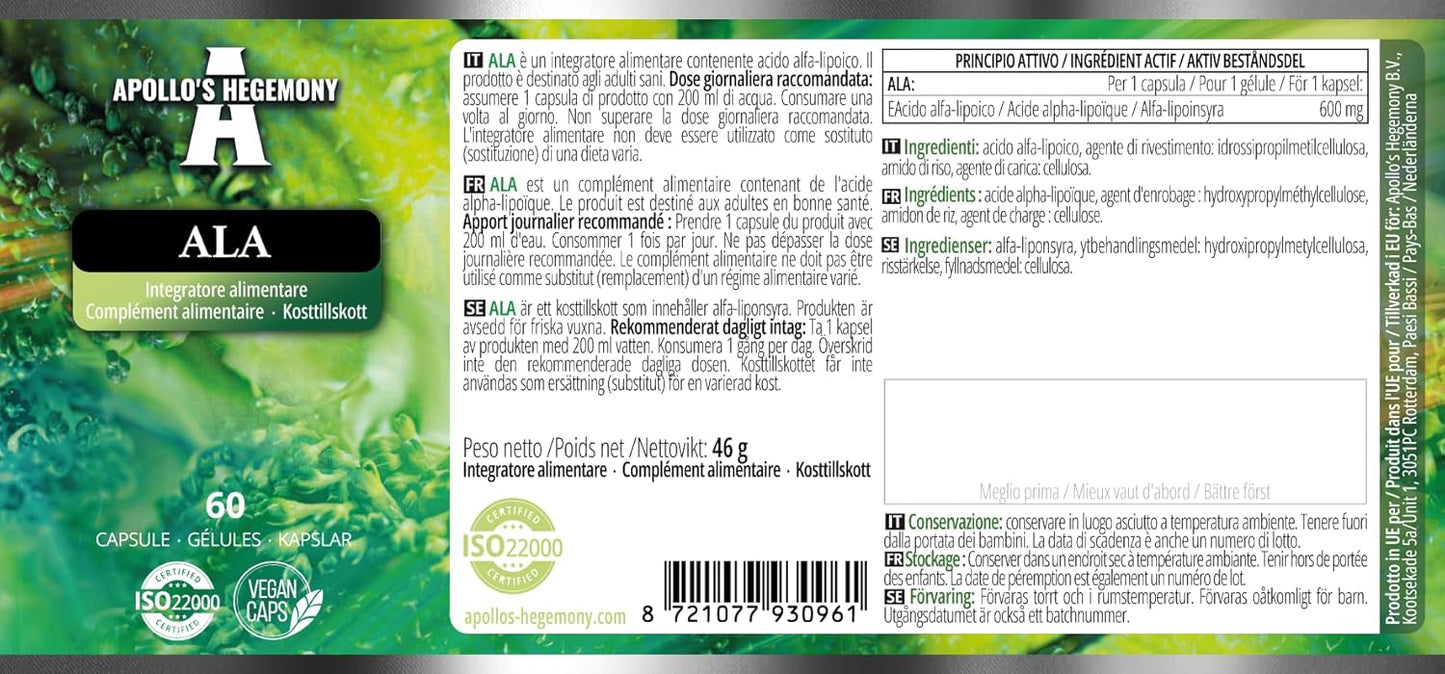 Apollo's Hegemony ALA 600 mg - 60 Vegan Capsules - Glucose & Mitochondrial Health Support - 2 Month Supply