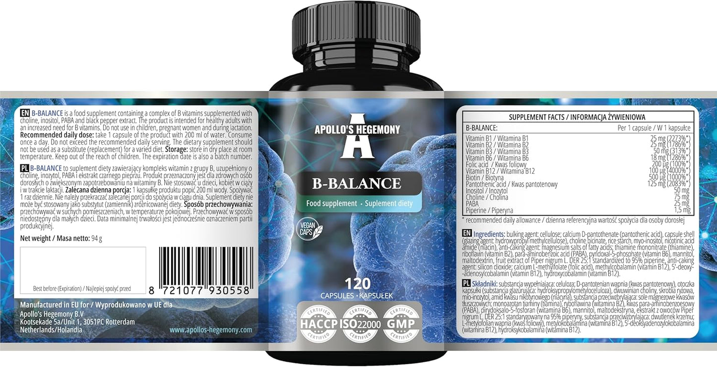 Apollo's Hegemony B-Balance 120 Capsules - Vegan Vitamin B Complex with B1, B2, B6, B12, Folate - 4 Month Supply - Health Support