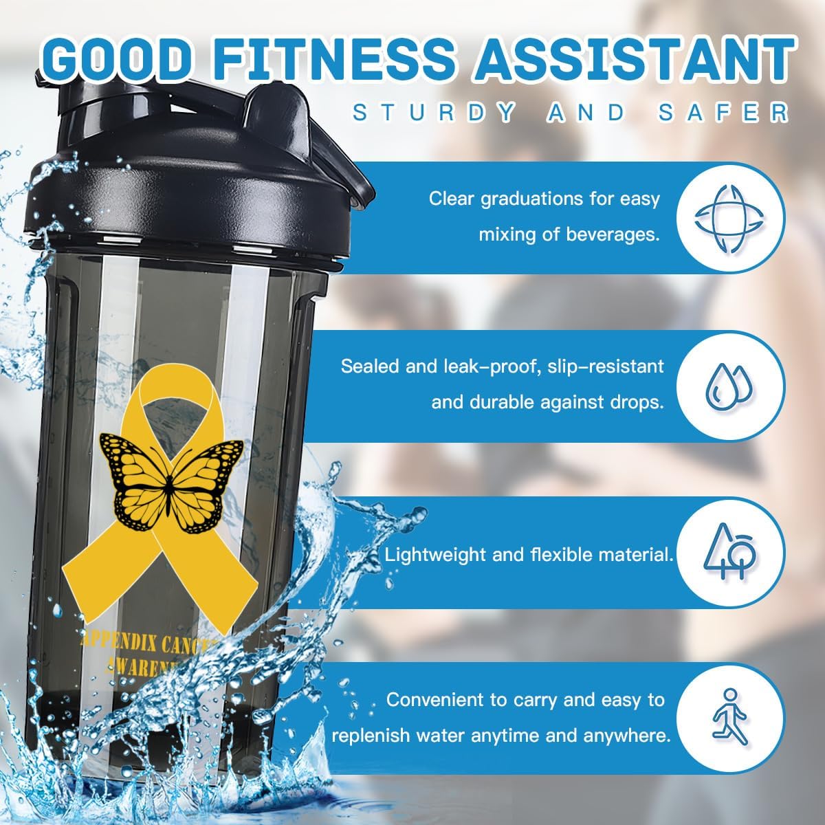 Appendix Cancer Awareness 18oz Shaker Bottle - Leak-Proof Pre-Workout Protein Shake Mixer - Meal Replacement Bottle - Black Color