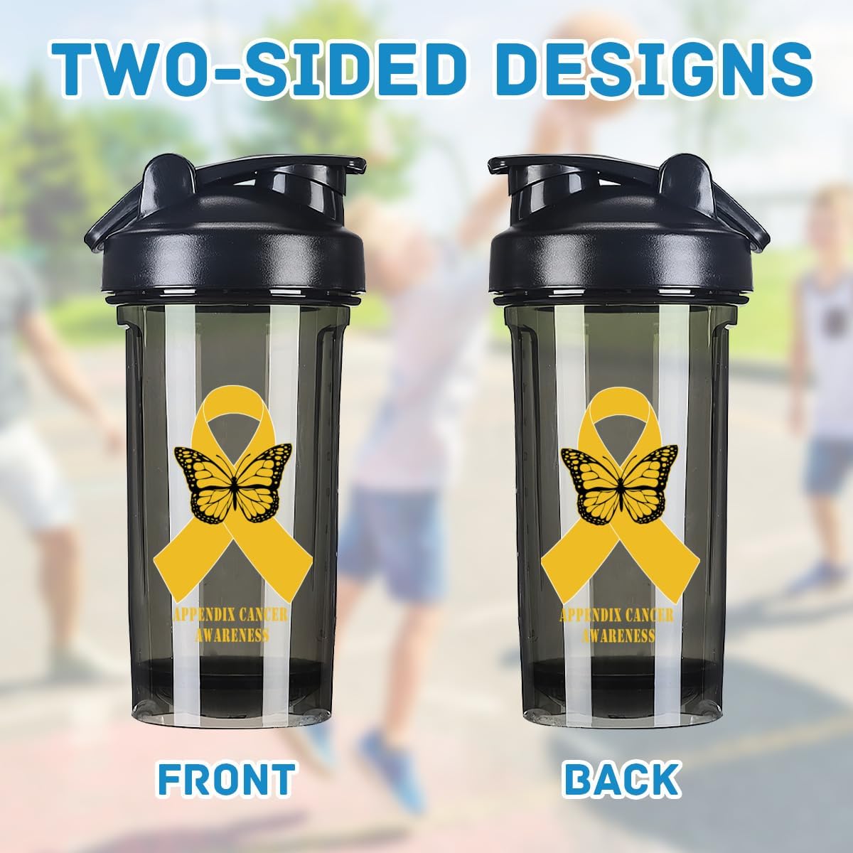 Appendix Cancer Awareness 18oz Shaker Bottle - Leak-Proof Pre-Workout Protein Shake Mixer - Meal Replacement Bottle - Black Color