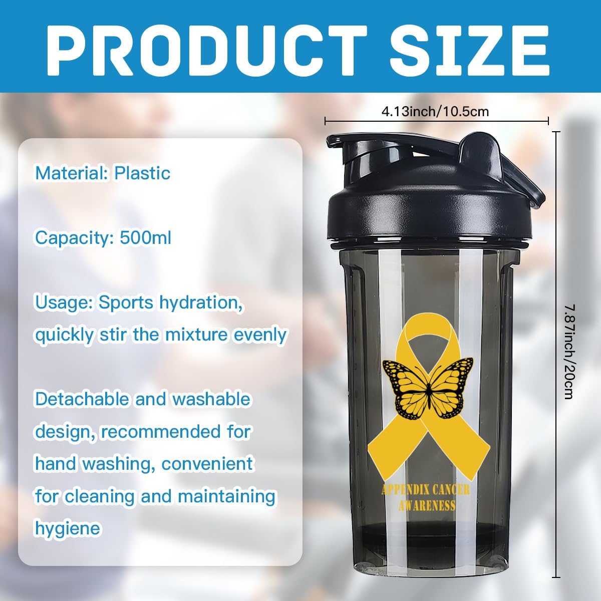 Appendix Cancer Awareness 18oz Shaker Bottle - Leak-Proof Pre-Workout Protein Shake Mixer - Meal Replacement Bottle - Black Color