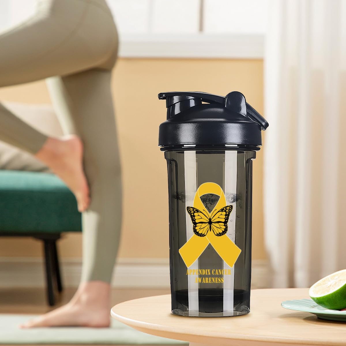 Appendix Cancer Awareness 18oz Shaker Bottle - Leak-Proof Pre-Workout Protein Shake Mixer - Meal Replacement Bottle - Black Color