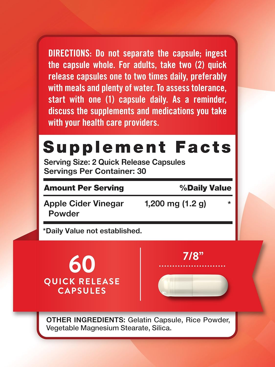 Apple Cider Vinegar Capsules 1200mg | Quick Release Pills | Non-GMO & Gluten Free Formula