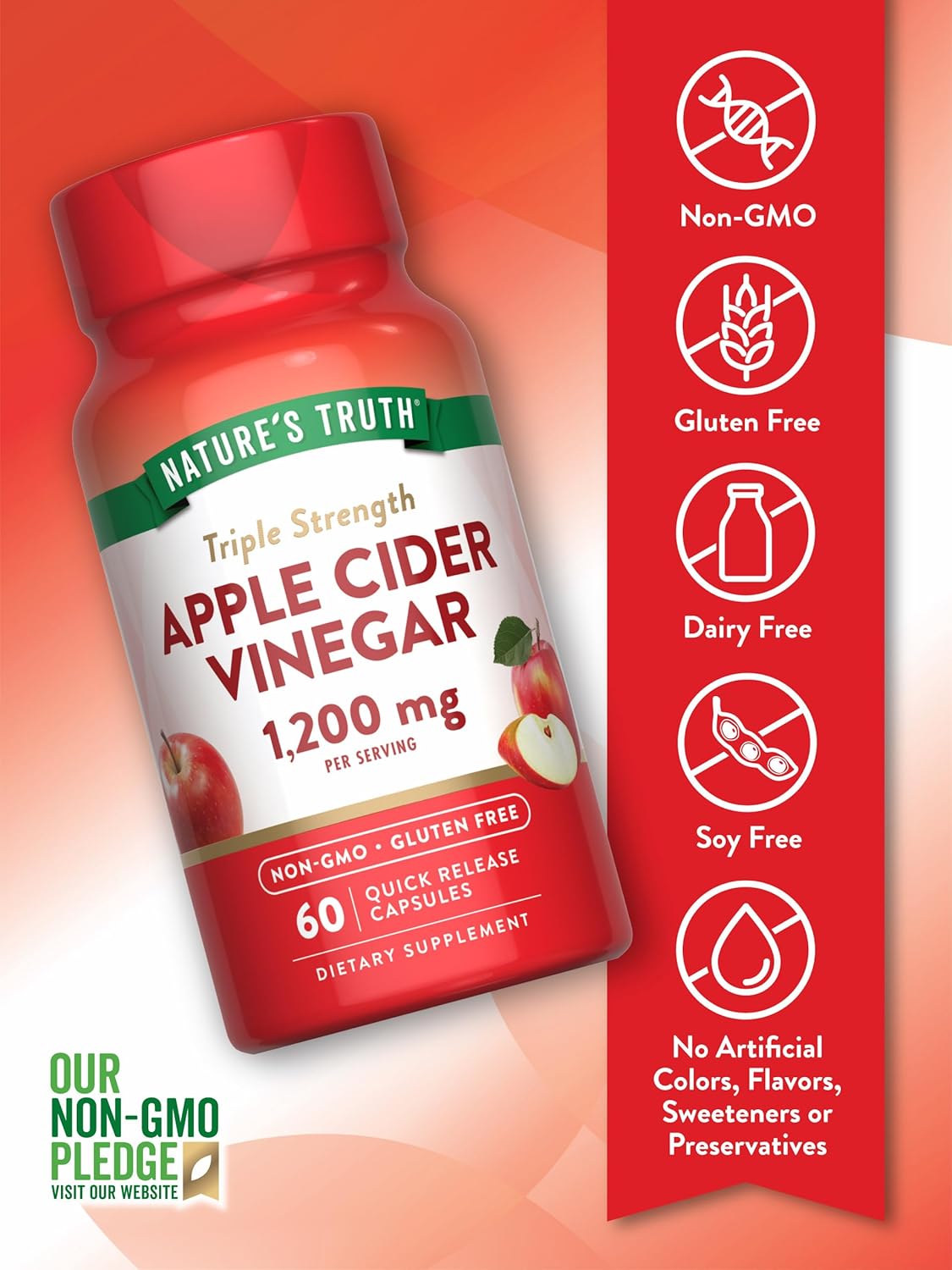 Apple Cider Vinegar Capsules 1200mg | Quick Release Pills | Non-GMO & Gluten Free Formula
