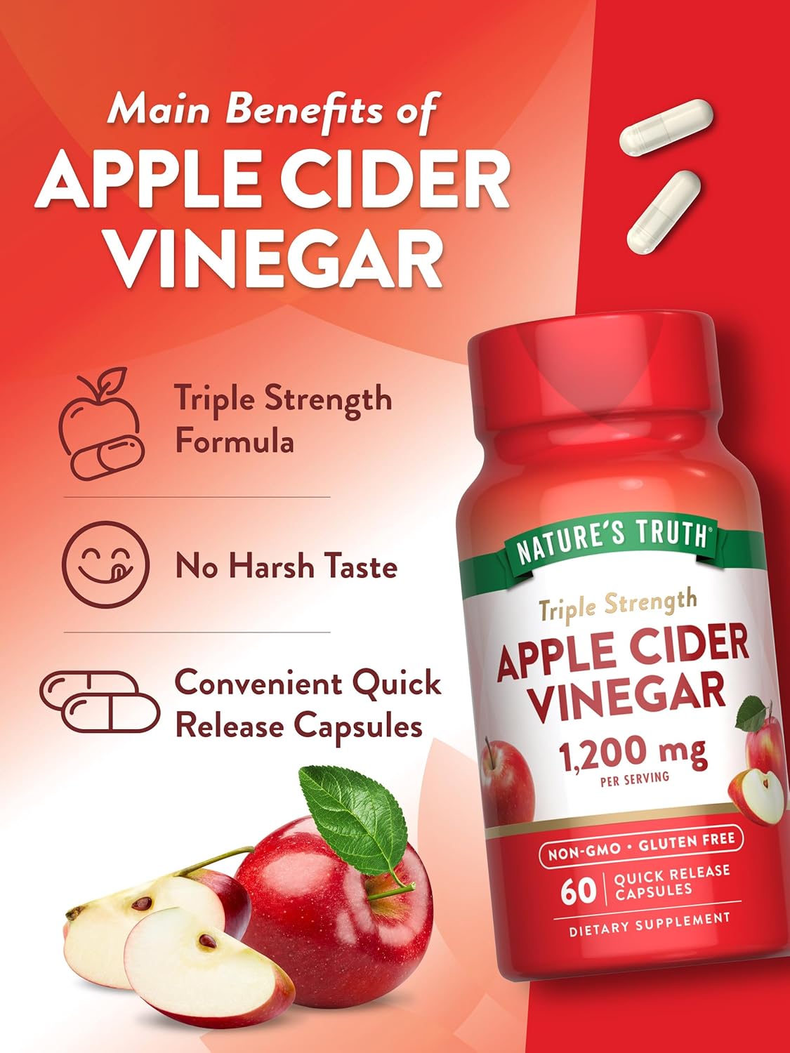 Apple Cider Vinegar Capsules 1200mg | Quick Release Pills | Non-GMO & Gluten Free Formula