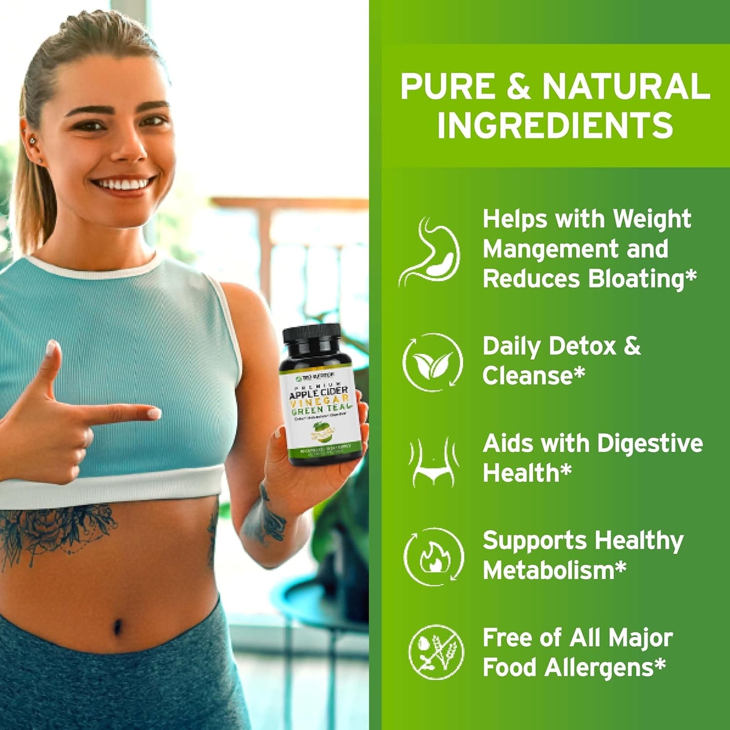 Apple Cider Vinegar Capsules with Green Tea - Natural Sugar Free Pills for Body Cleanse, Immune Support, Weight Management & Metabolism*