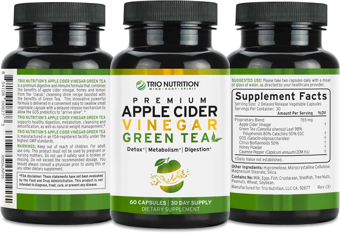 Apple Cider Vinegar Capsules with Green Tea - Natural Sugar Free Pills for Body Cleanse, Immune Support, Weight Management & Metabolism*